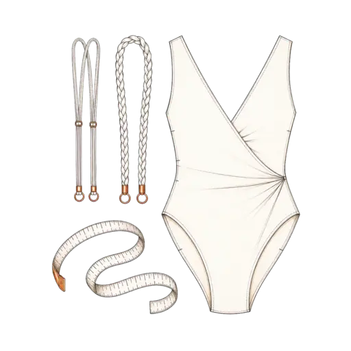 Swimwear pattern, measuring tape and interchangeable trim options illustrating flexibility