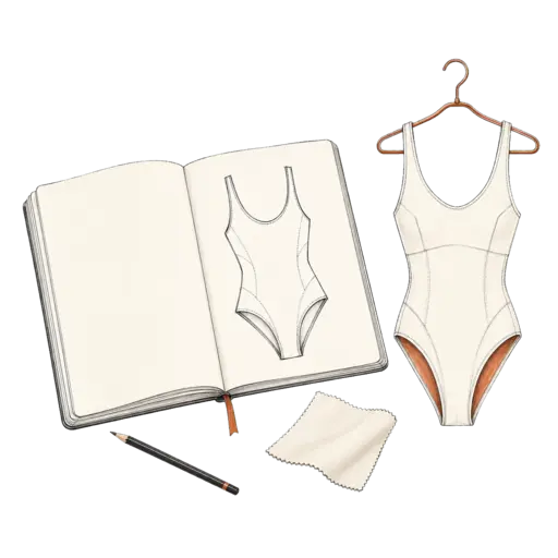 Sketchbook, fabric swatch and first swimsuit sample for new labels