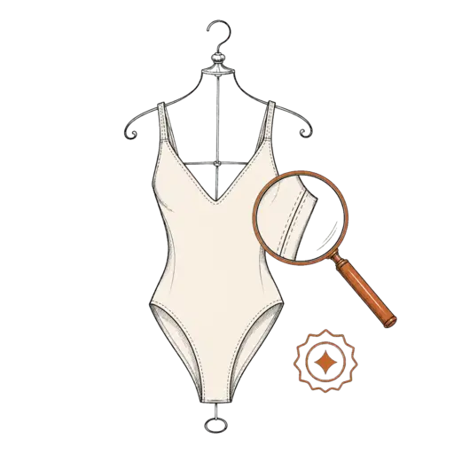 Swimsuit inspection with a magnifying glass illustrating quality control