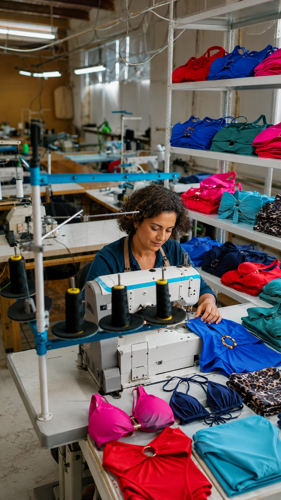 Swimwear sewing workstation in atelier
