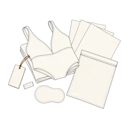 Folded swimsuit with labels, hangtag and retail packaging