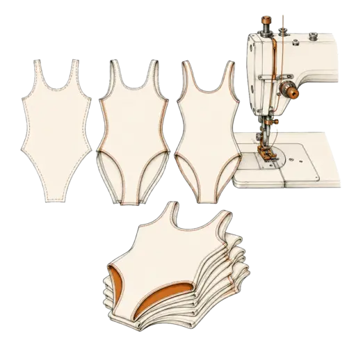 Swimsuit production stages, sewing machine and completed pieces