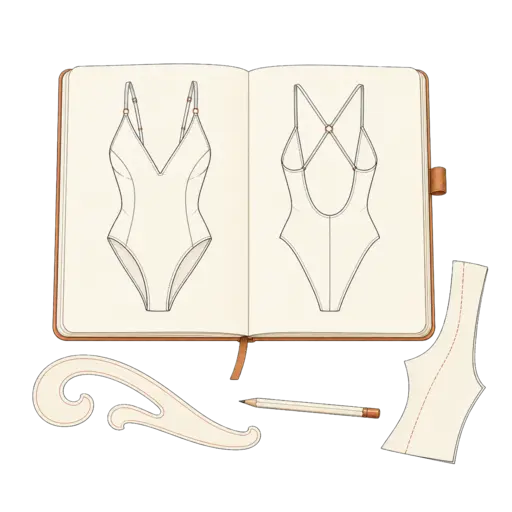 Swimwear development sketchbook, pattern ruler and pattern piece