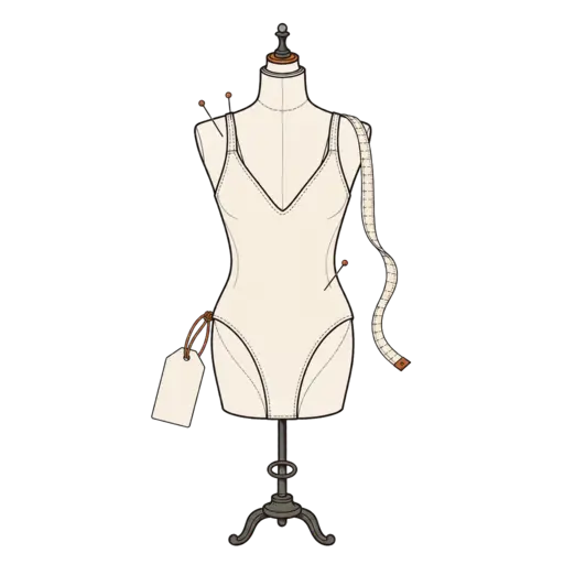 Prototype swimsuit on a fitting form with pins and measuring tape